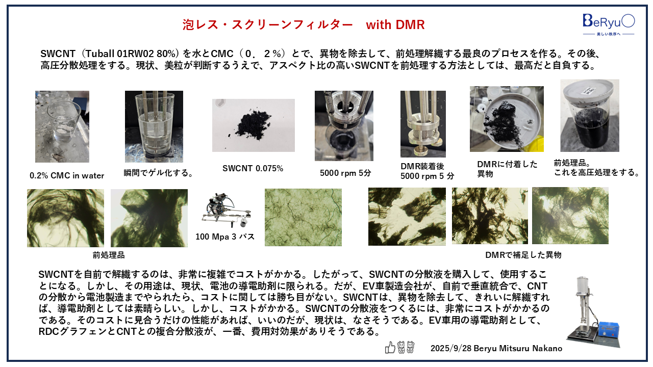 20250928泡レススクリーンフィルターSWCNT前処理 20250928泡レススクリーンフィルターSWCNT前処理